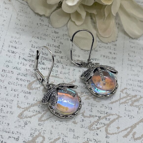Silver plate Iridescent Dragonfly Wire Opal Earrings Fall Gift Mom Birthday Wife - Picture 10 of 16